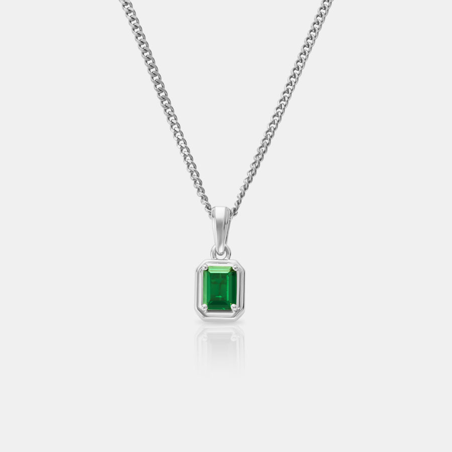 Emerald Stone Rectangle Pendant Necklace (Silver)
