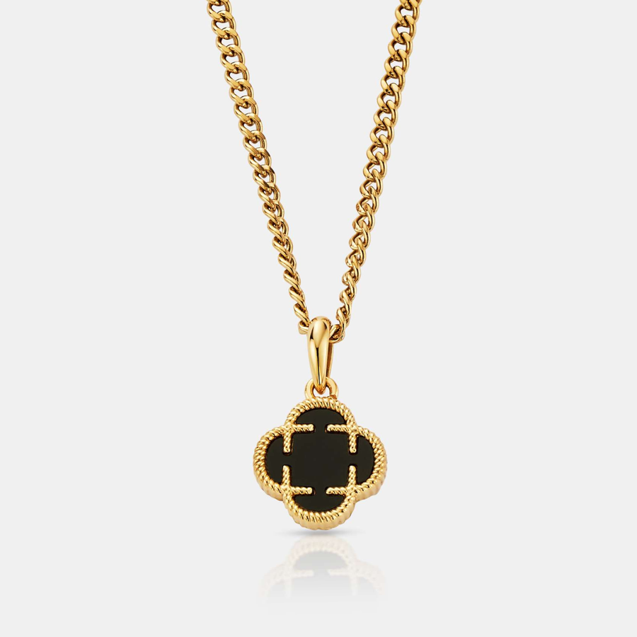 Onyx Clover Stone Pendant Necklace (Gold)
