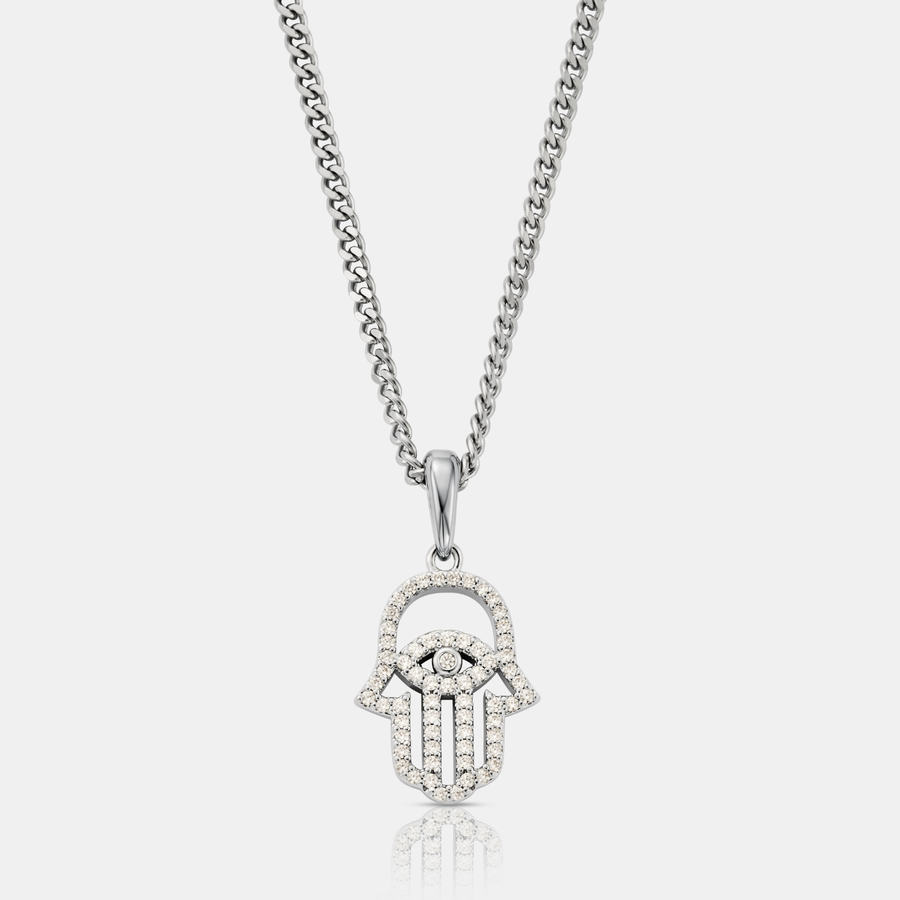 Iced Hamsa Pendant Necklace (Silver)