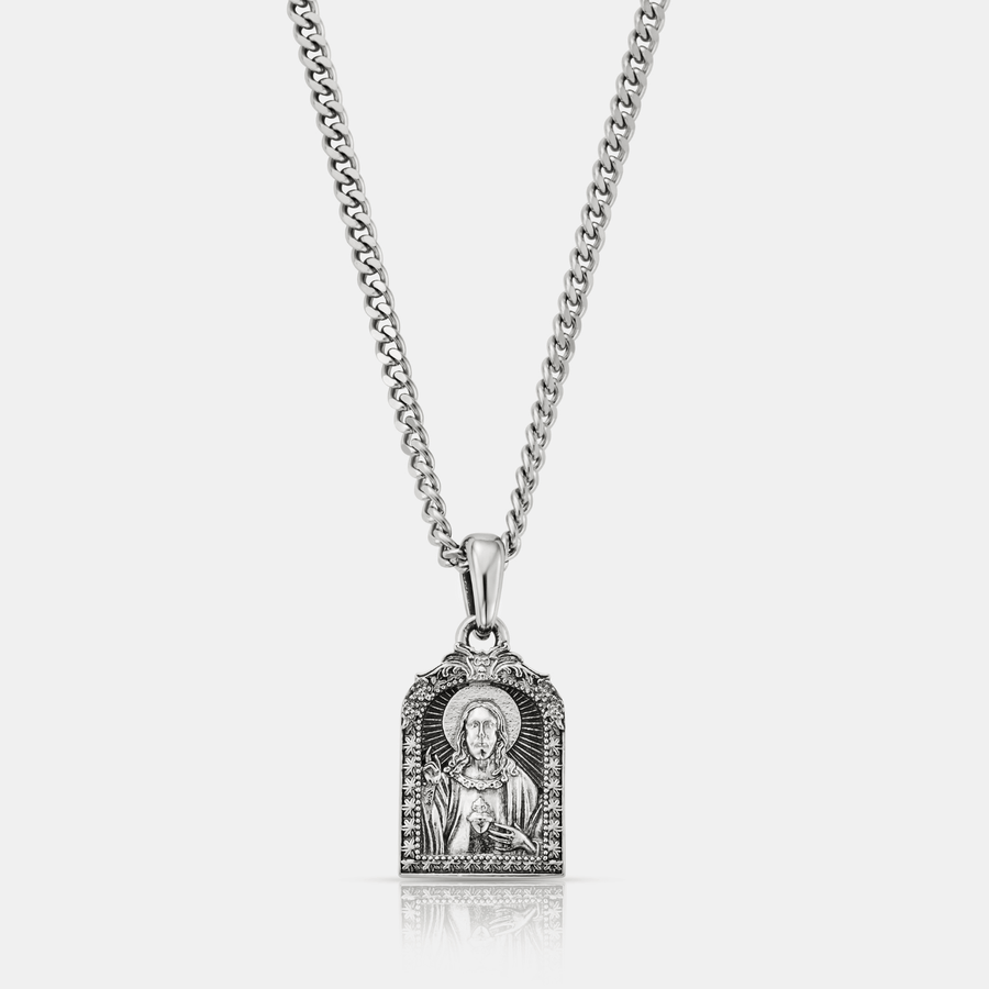 Sacred Heart Jesus Pendant Necklace (Silver)