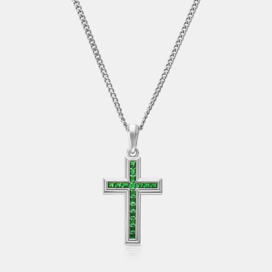 Emerald Stone Cross Pendant Necklace (Silver)