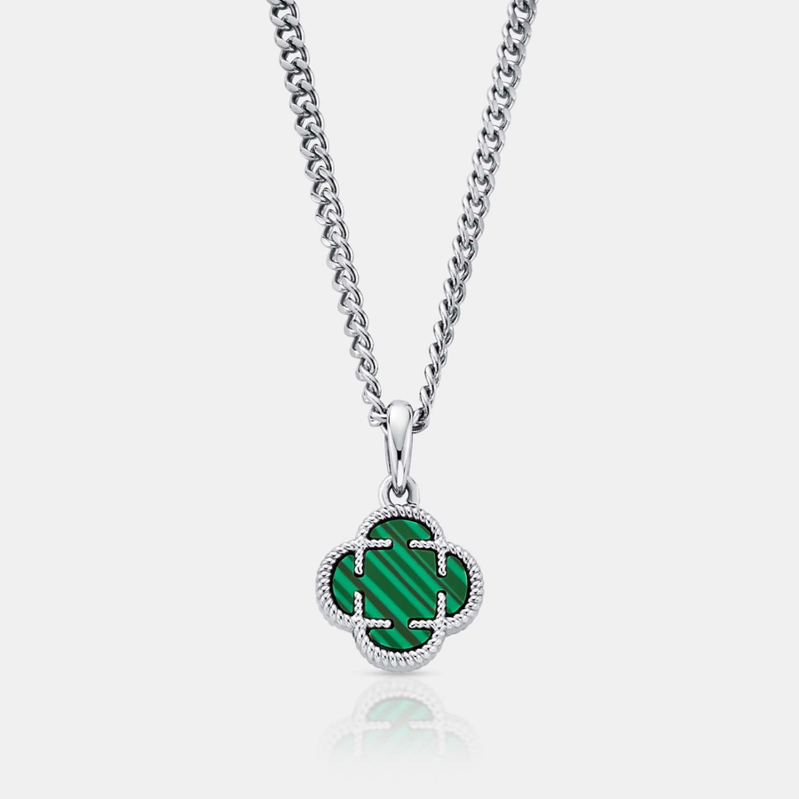 Malachite Clover Stone Pendant Necklace (Silver)