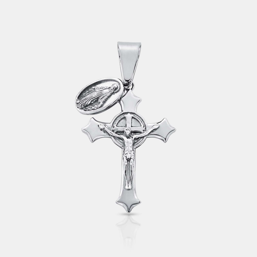 Jesus & Mary Cross Pendant Necklace (Silver)