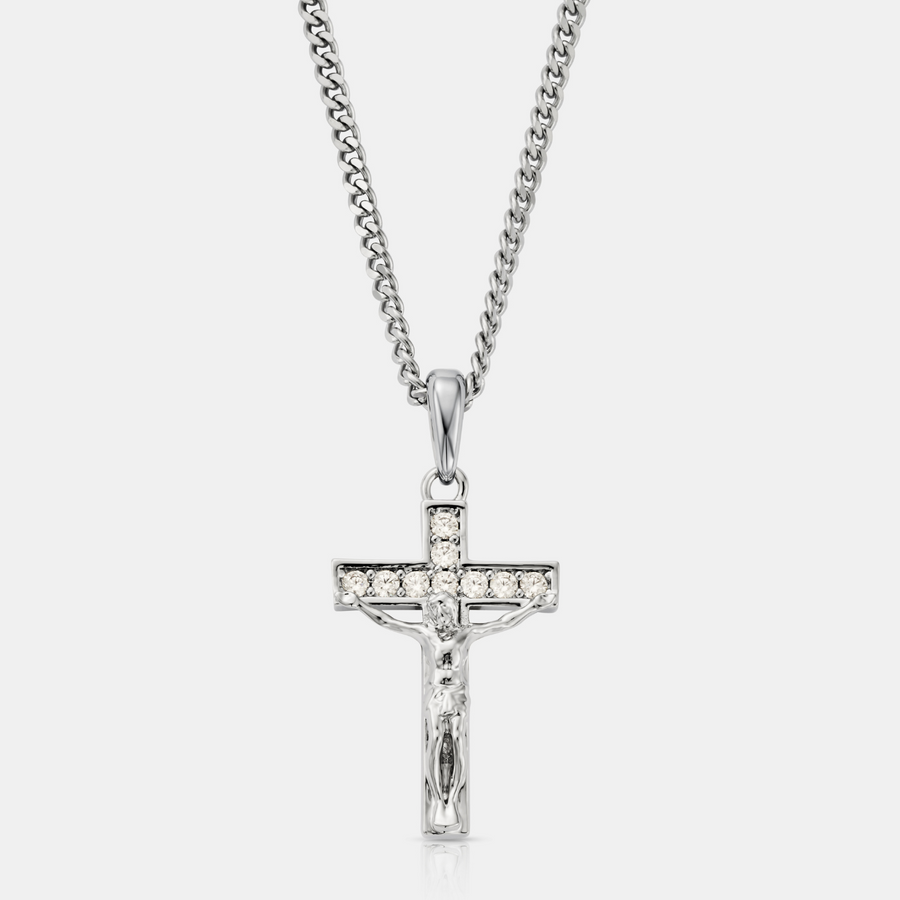 Iced Crucifix Pendant Necklace (Silver)
