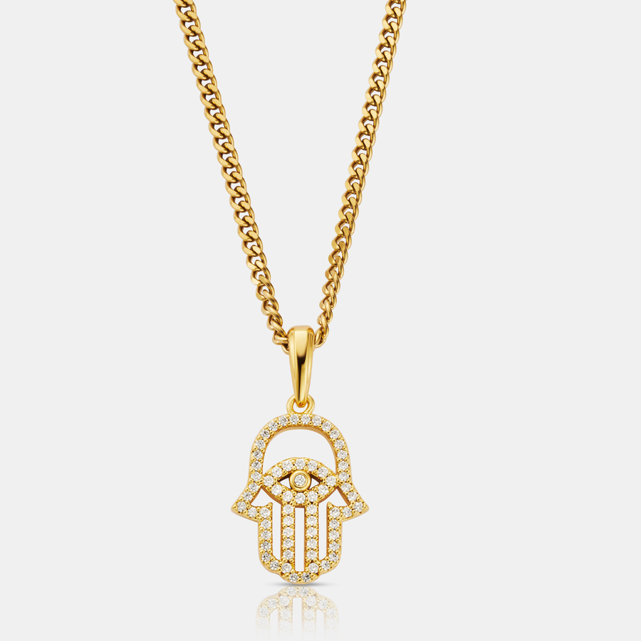 Iced Hamsa Pendant Necklace (Gold)
