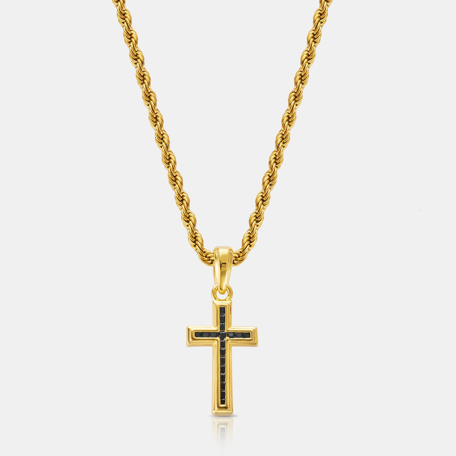 Mini Onyx Stone Cross Pendant Necklace (Gold)