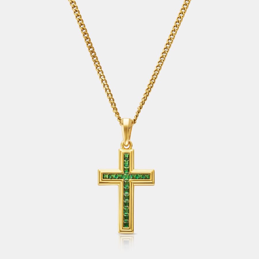Emerald Stone Cross Pendant Necklace (Gold)