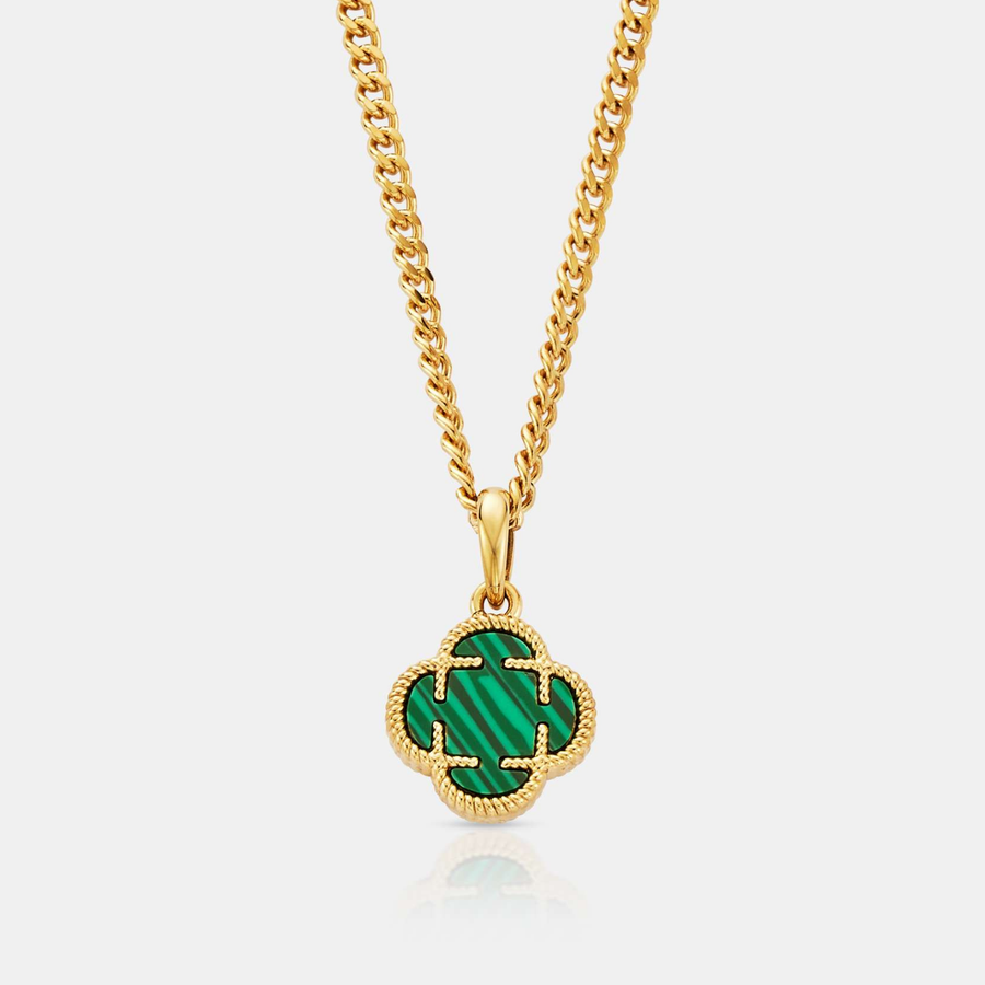Malachite Clover Stone Pendant Necklace (Gold)