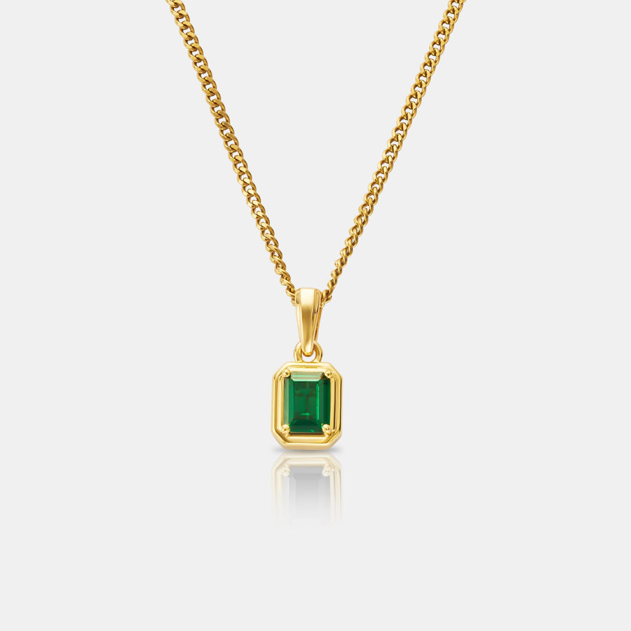 Emerald Stone Rectangle Pendant Necklace (Gold)