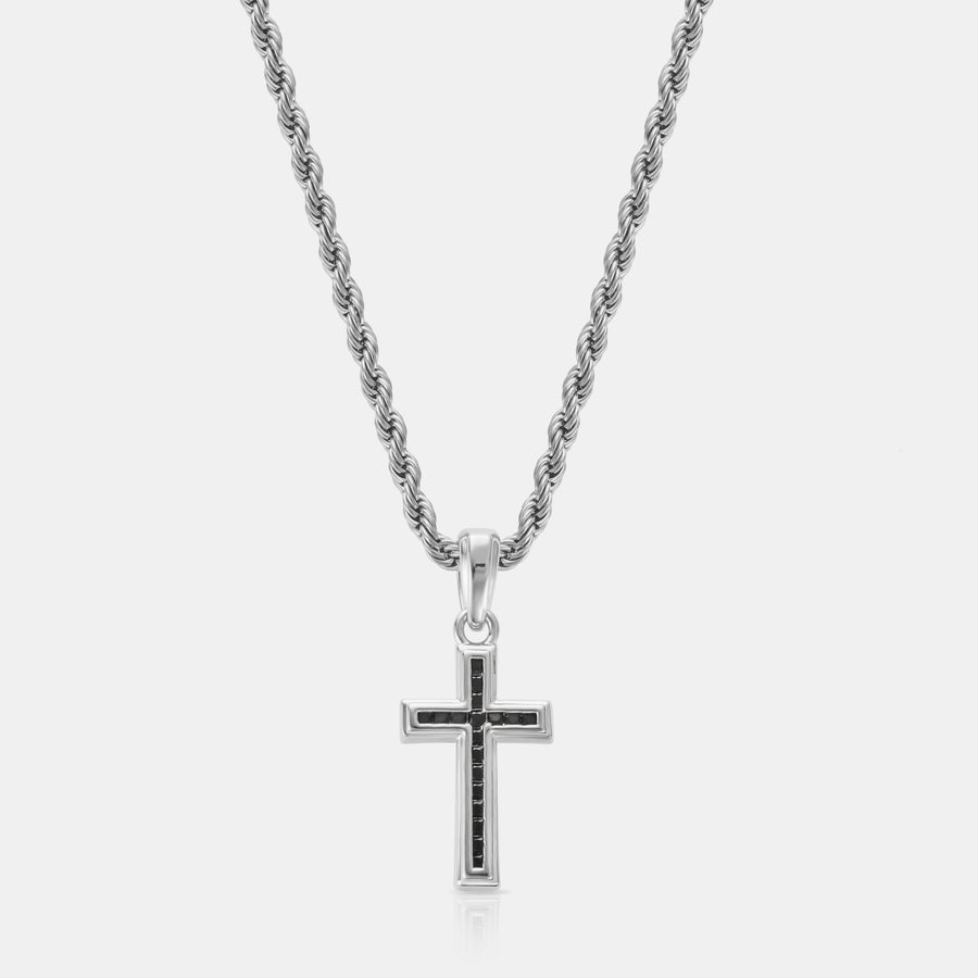 Mini Onyx Stone Cross Pendant Necklace (Silver)
