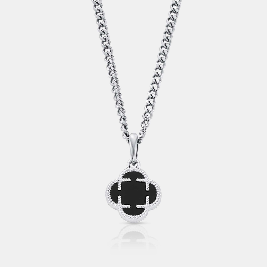 Onyx Clover Stone Pendant Necklace (Silver)