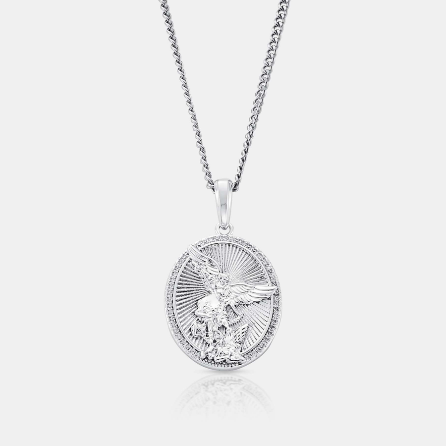 Iced St Michael Pendant Necklace (Silver)