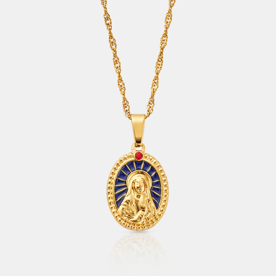 Enamel Virgin Mary Pendant Necklace (Gold)