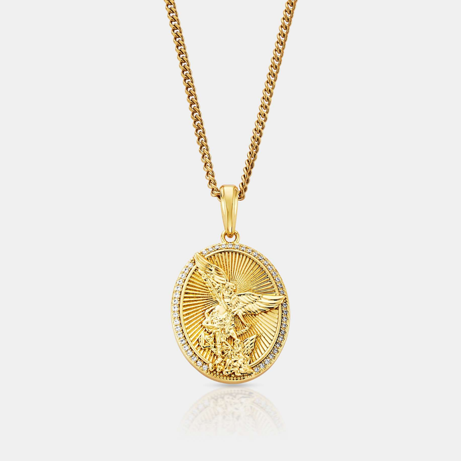Iced St Michael Pendant Necklace (Gold)