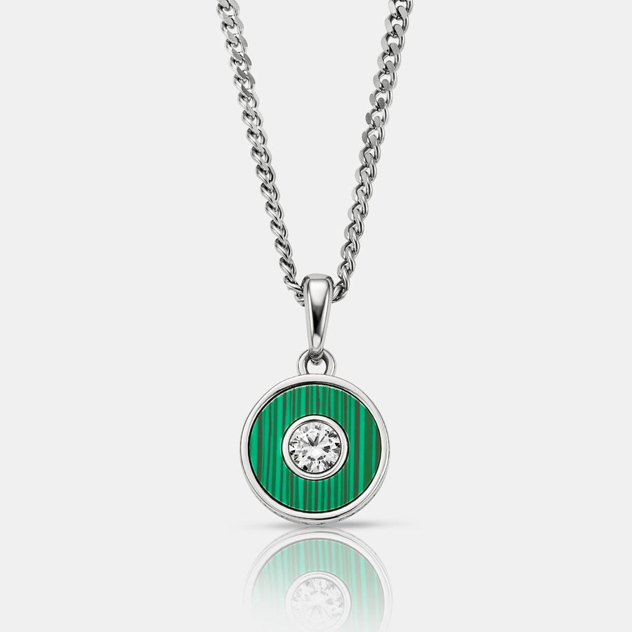 Malachite Round Gem Pendant Necklace (Silver)