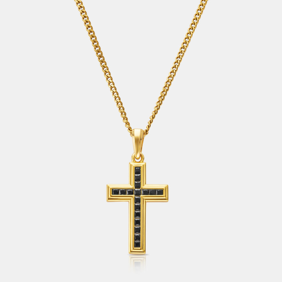 Onyx Stone Cross Pendant Necklace (Gold)