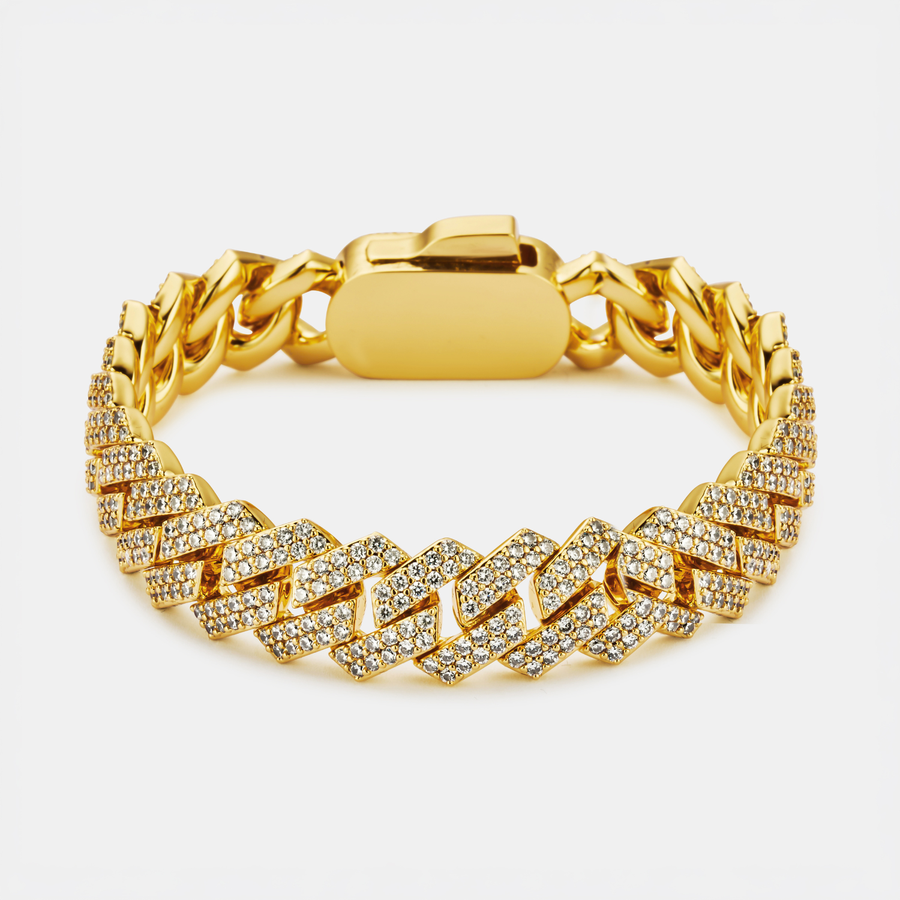 Prong Link Iced Cuban Bracelet (Gold) 12mm