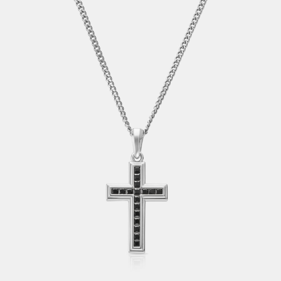 Onyx Stone Cross Pendant Necklace (Silver)