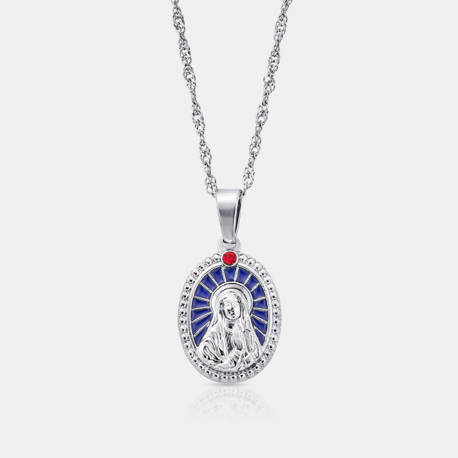 Enamel Virgin Mary Pendant Necklace (Silver)
