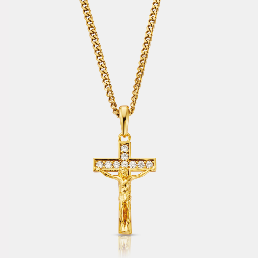 Iced Crucifix Pendant Necklace (Gold)