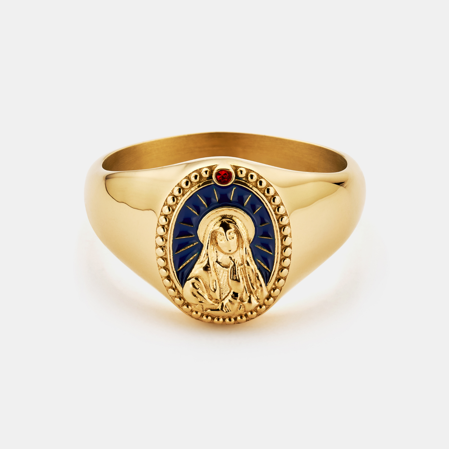 Enamel Virgin Mary Signet Ring (Gold)